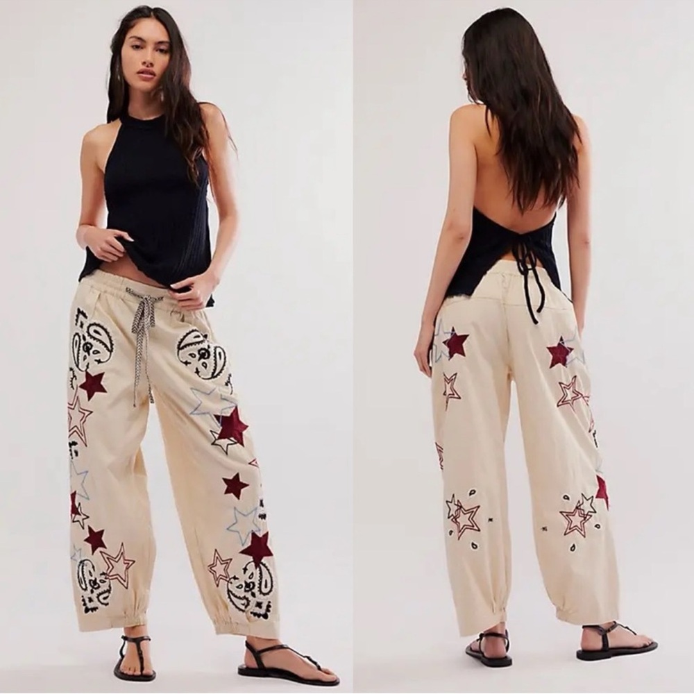 Free People Aria Embroidered Western Star Pull On Pants
